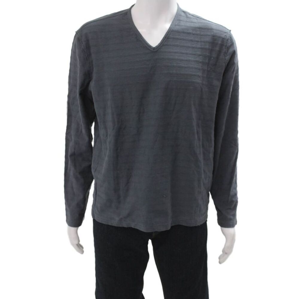 John Varvatos Star USA Men Long Sleeve V-Neck Striped Dark Gray Tee Size L